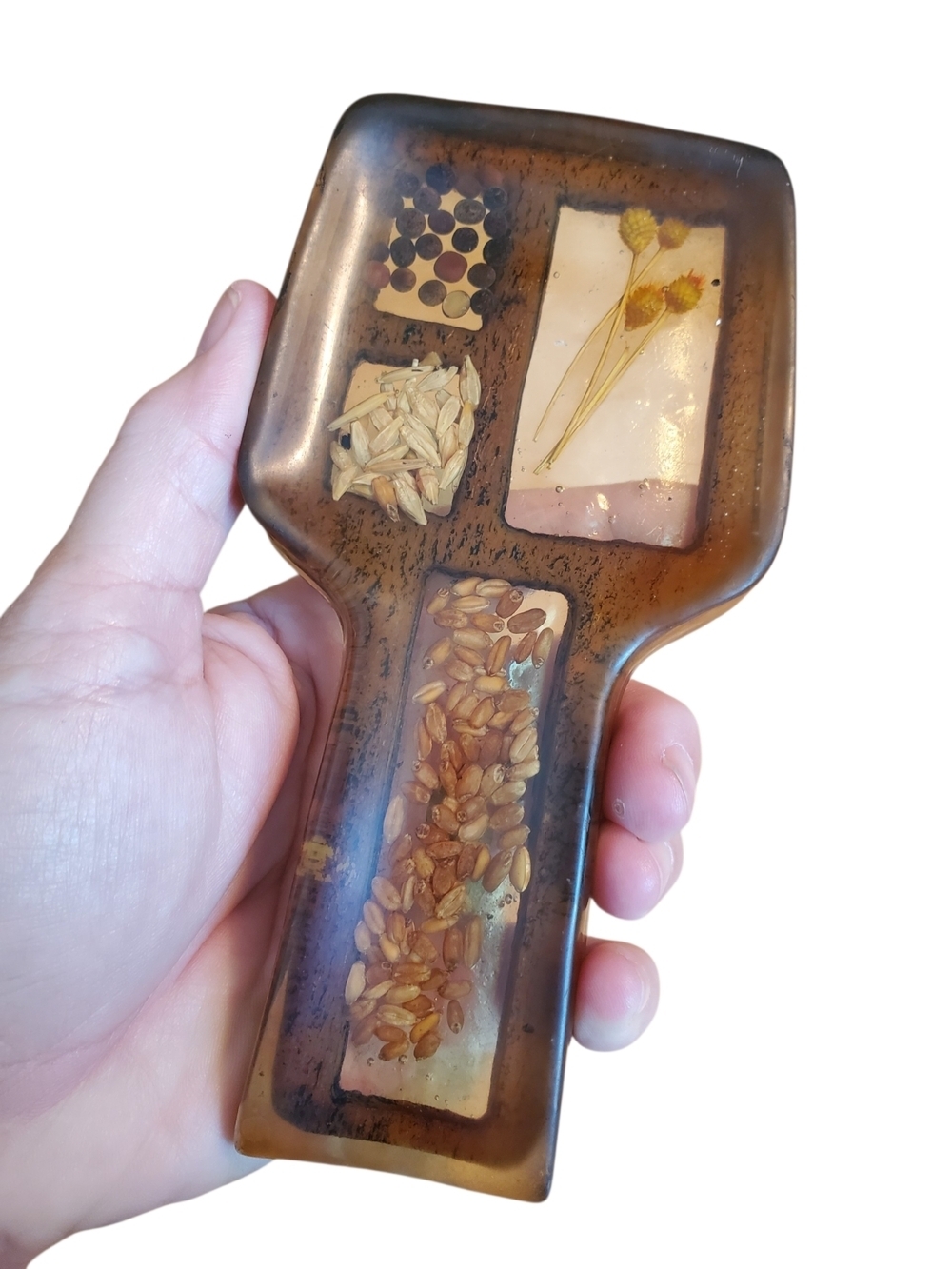 .Vtg 70s Lucite Resin Spoon Rest. Dried Flowers & Seeds Grains MCM Kitsch